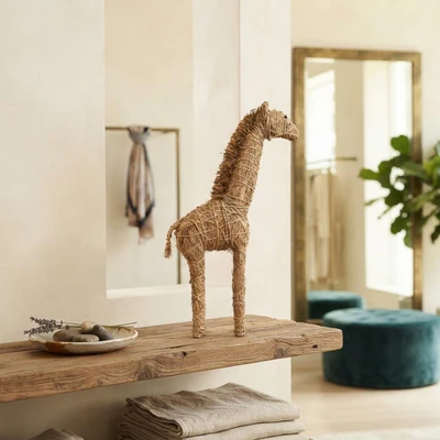Rattan sculpture, 'Rustic Giraffe' - Rustic Tall Rattan Giraffe Sculpture Bound with Raffia Rope