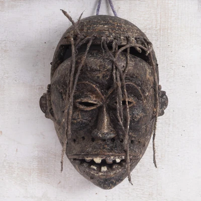 African wood and natural fiber wall mask, 'Ancient Watcher' - Handcrafted African Wood Wall Mask with Jute Rope Accents
