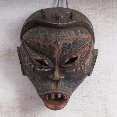 African wood wall mask, 'Sobek-Ra' - Weathered African Wood Wall Mask of Egyptian Deity Sobek-Ra