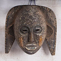 African wood wall mask, 'Lukwakongo' - African Sese Wood Wall Mask with Weathered White Clay Finish