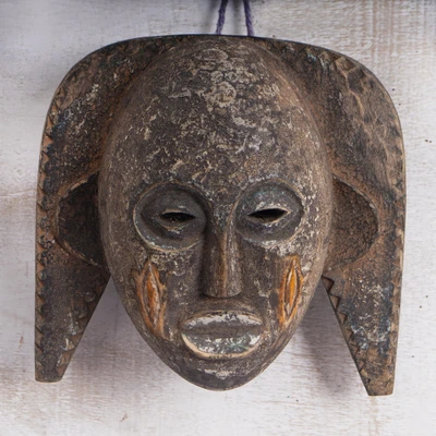 African wood wall mask, 'Lukwakongo' - African Sese Wood Wall Mask with Weathered White Clay Finish