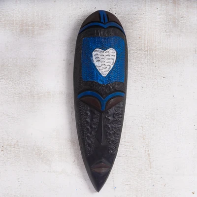 African wood wall mask, 'Sacred Heart' - Heart-Themed African Wood Wall Mask with Brass Plate Accents