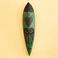 African wood wall mask, 'Odo Nti' - Textured Green Elongated African Wood and Aluminum Wall Mask