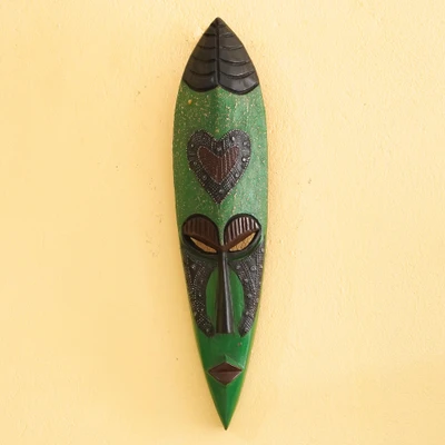 African wood wall mask, 'Odo Nti' - Textured Green Elongated African Wood and Aluminum Wall Mask