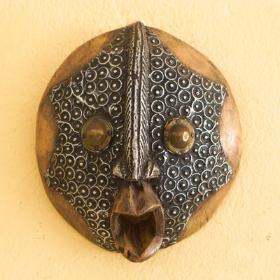 African wood wall mask, 'Sika Nyansa' - African Wood Wall Mask with Aluminum and Brass Accents