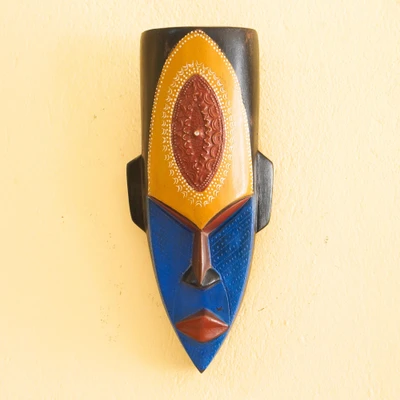 African wood wall mask, 'Honhom Pa' - African Wood Aluminum Wall Mask Painted in Vibrant Colors