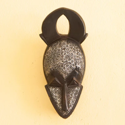 African wood wall mask, 'Dwete Tumi' - African Wood Wall Mask with Embossed Aluminum Plate Details