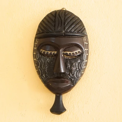 African wood wall mask, 'Din Pa' - Hand-Carved Embossed African Wood Aluminum Plate Wall Mask