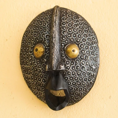 African wood wall mask, 'Sika Ani' - Aluminum and Brass-Accented Round African Wood Wall Mask