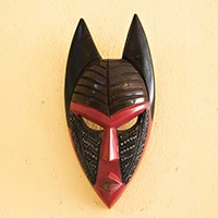 African wood wall mask, 'Osabarima' - Magenta Brown Black African Wood Aluminum Plate Wall Mask