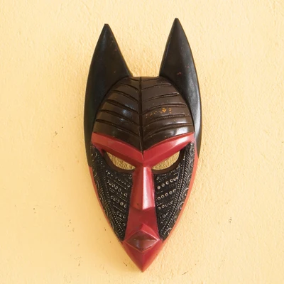 African wood wall mask, 'Osabarima' - Magenta Brown Black African Wood Aluminum Plate Wall Mask