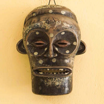 African wood mask, 'Owuo Suro' - Hand-Carved Painted African Wood Mask for Wall and Tabletop