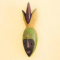 African wood wall mask, 'Pineapple' - Pineapple-Inspired African Wood and Aluminum Plate Wall Mask