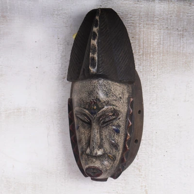 African wood wall mask, 'Noble Essence' - White Clay-Finished Hand-Painted African Wood Wall Mask