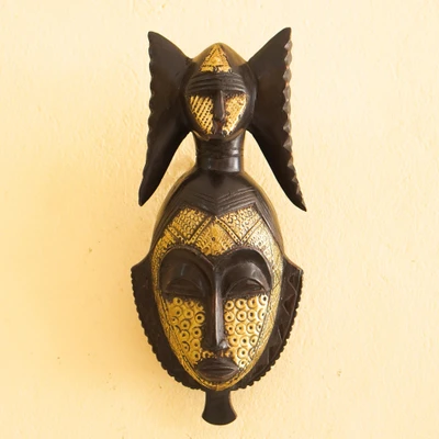 African wood wall mask, 'Gemini' - African Wood Aluminum Wall Mask with Miniature Head on Top