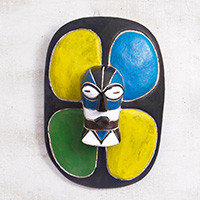 African wood wall mask, 'Kinyago-Kipepeo' - African Wood Wall Mask with Kinyago-Kipepeo Butterfly Motif