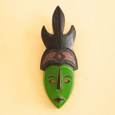 African wood wall mask, 'Ahaban Tumi' - Green African Wood Aluminum Wall Mask with Crested Headdress