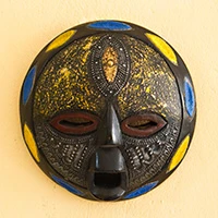 African wood wall mask, 'Awia' - Aged Textured Painted African Wood Aluminum Plate Wall Mask