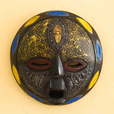 African wood wall mask, 'Awia' - Aged Textured Painted African Wood Aluminum Plate Wall Mask
