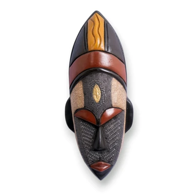 African wood wall mask, 'Dan Splendor' - African Wood and Aluminum Wall Mask Inspired by Dan Folk Art