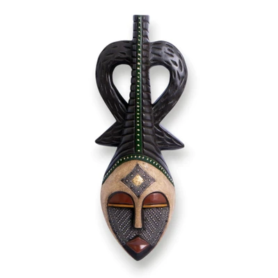 African wood wall mask, 'Majestic African Queen' - African Wood Wall Mask with Intricate Aluminum Plate Details