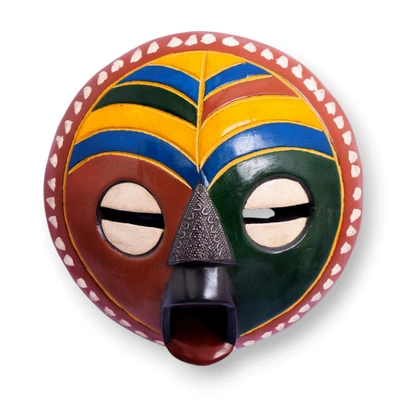 African wood wall mask, 'Dreams Come True' - Hand-Carved Painted Round African Wood Aluminum Wall Mask