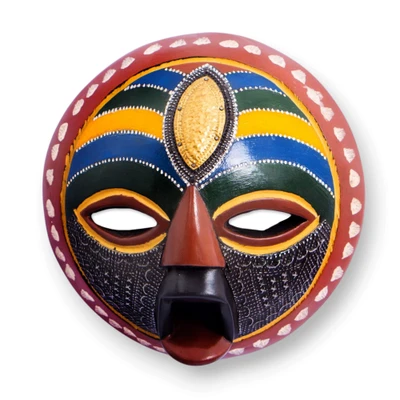 African wood wall mask, 'Wish Me Well' - African Wood Wall Mask with Painted Accents Aluminum Plate