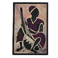 Cotton batik wall art, 'Kora Player' - African Mixed Media Painting