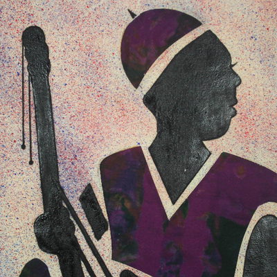 Cotton batik wall art, 'Kora Player' - African Mixed Media Painting