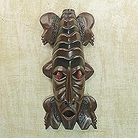 Ghanaian wood mask, 'Wisdom of Two' - Handcrafted West African Wood Mask