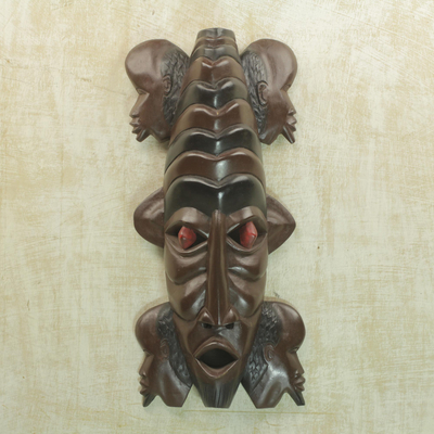 Ghanaian wood mask, 'Wisdom of Two' - Unique African Wood Mask