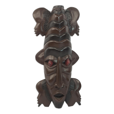 Ghanaian wood mask, 'Wisdom of Two' - Unique African Wood Mask
