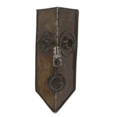 African recycled metal mask, 'Here I Hide' - Recycled Metal African Mask Found Art Sculpture