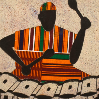 Arte de pared de tela kente - Músico hausa ghanés en Kente Collage enmarcado