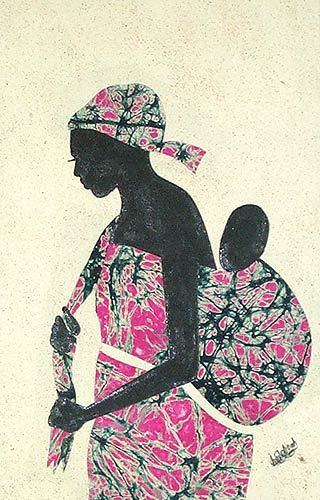 Cotton batik wall art, 'Obatanpa' Good Mother - Hand Crafted Batik Cotton Folk Art Painting