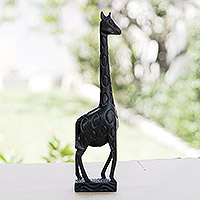 Ebony statuette, 'African Giraffe' - Hand Carved Ebony Wood Sculpture
