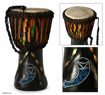 Wood djembe drum, 'Prosperous Horns' - Hand Made Wood Djembe Drum