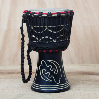 Wood djembe drum, 'Fear None but God' (black) - Handmade Wood Drum