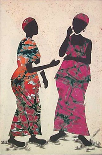 Cotton batik wall art, 'Gossip' - African Folk Art Painting