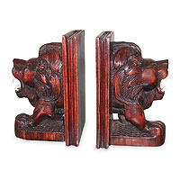 Wood bookends, 'Roaring Lions' (pair) - Wood Lion Head Bookends from Ghana