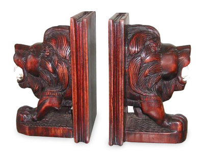 Wood bookends, 'Roaring Lions' (pair) - Wood Lion Head Bookends from Ghana