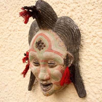Congolese wood Africa mask, 'River Goddess' - Hand Beaded Congo Zaire Wood Mask