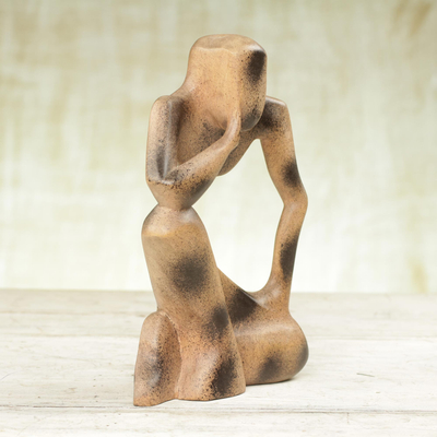 Abstract Genuflect' 4.7 Tall NOVICA Brown Wood Thought and Meditation Sculpture