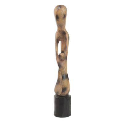 Wood sculpture, 'My Parent Protects Me' - Wood Family Sculpture