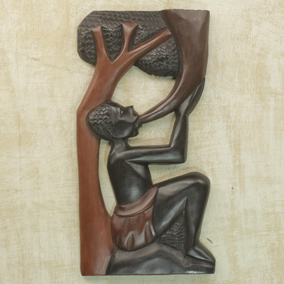 Wood wall panel, 'Peace Horn' - Hand Carved Wood Relief Panel