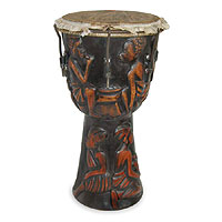 Wood djembe drum, 'Together in Peace' - Wood djembe drum
