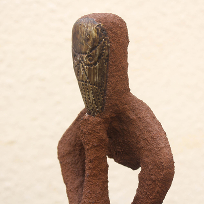 Wood sculpture, 'Thinking About the World' - Wood sculpture