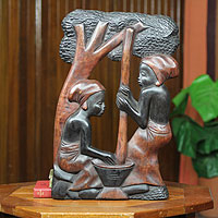 Wood panel, 'Fufu Pounders' - Handcarved Wood Relief Panel from Africa