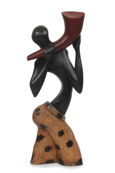 Wood sculpture, 'Royal Horn Blower' - Cultural Wood Sculpture