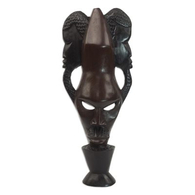 Akan wood mask, 'Thinking Together' - Handmade Akan Wood Sculpture